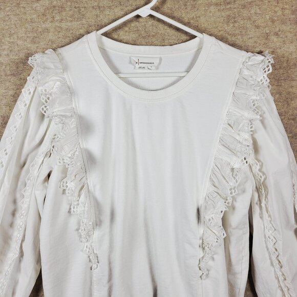 Anthropologie Ruffle Top Size Large White Lace Embroidered Long Sleeve Coquette - Picture 9 of 16
